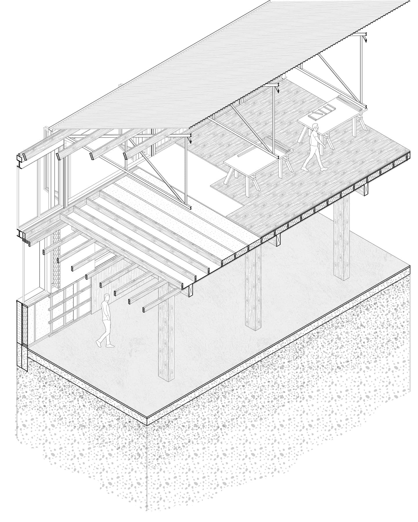 Axonométrie du projet de réhabilitation de la friche Akers : la structure existante accueille une mezzanine et de nouveaux espaces de travail.